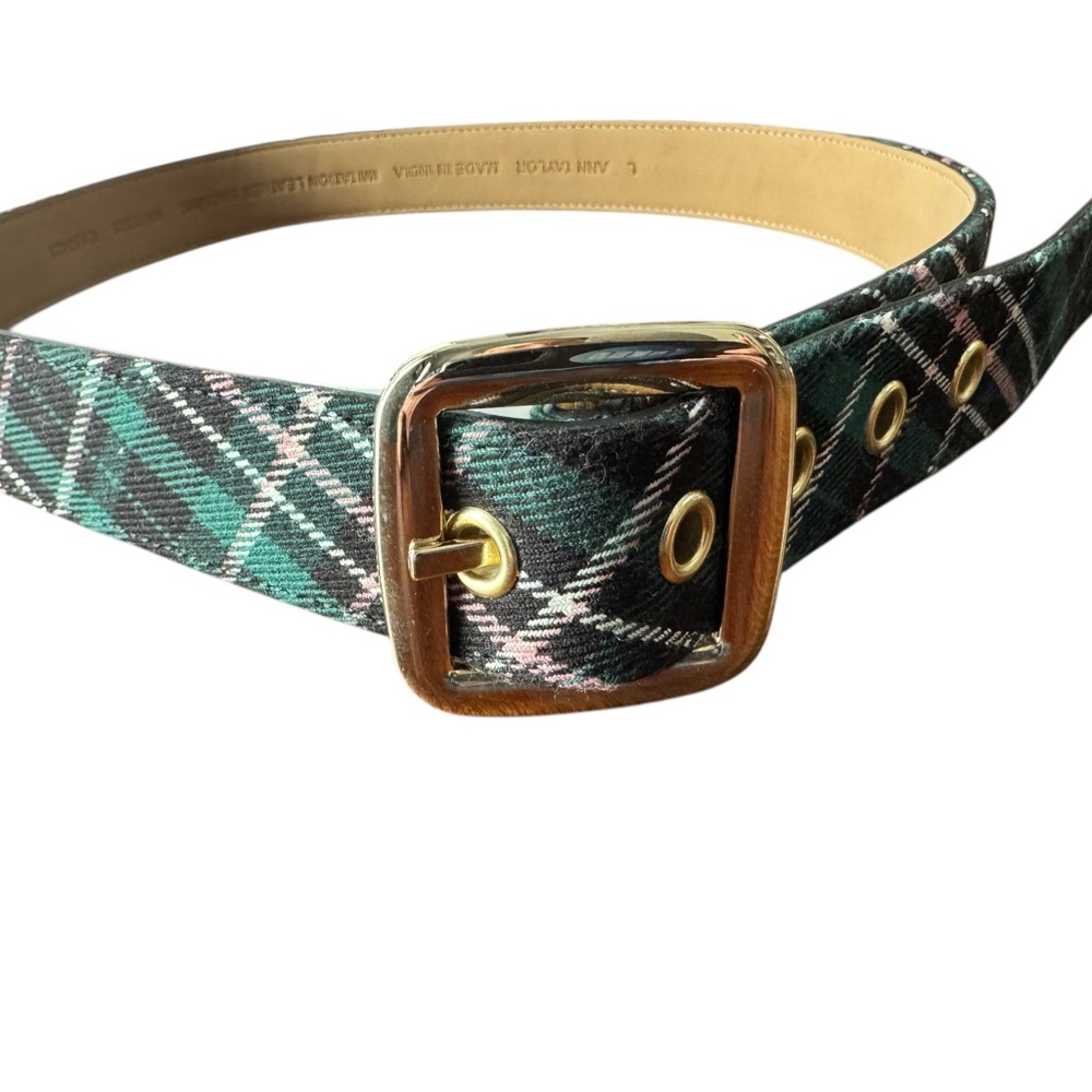 Ann Taylor Green and Black Plaid Belt with Gold Buckle